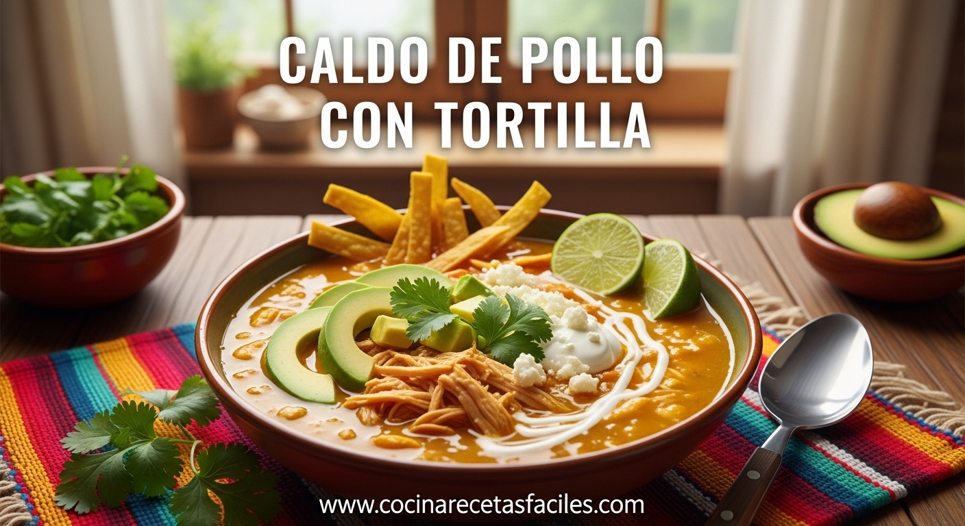 Delicioso caldo de pollo con tortilla, decorado con aguacate, queso fresco, crema, cilantro y tiras de tortilla frita.