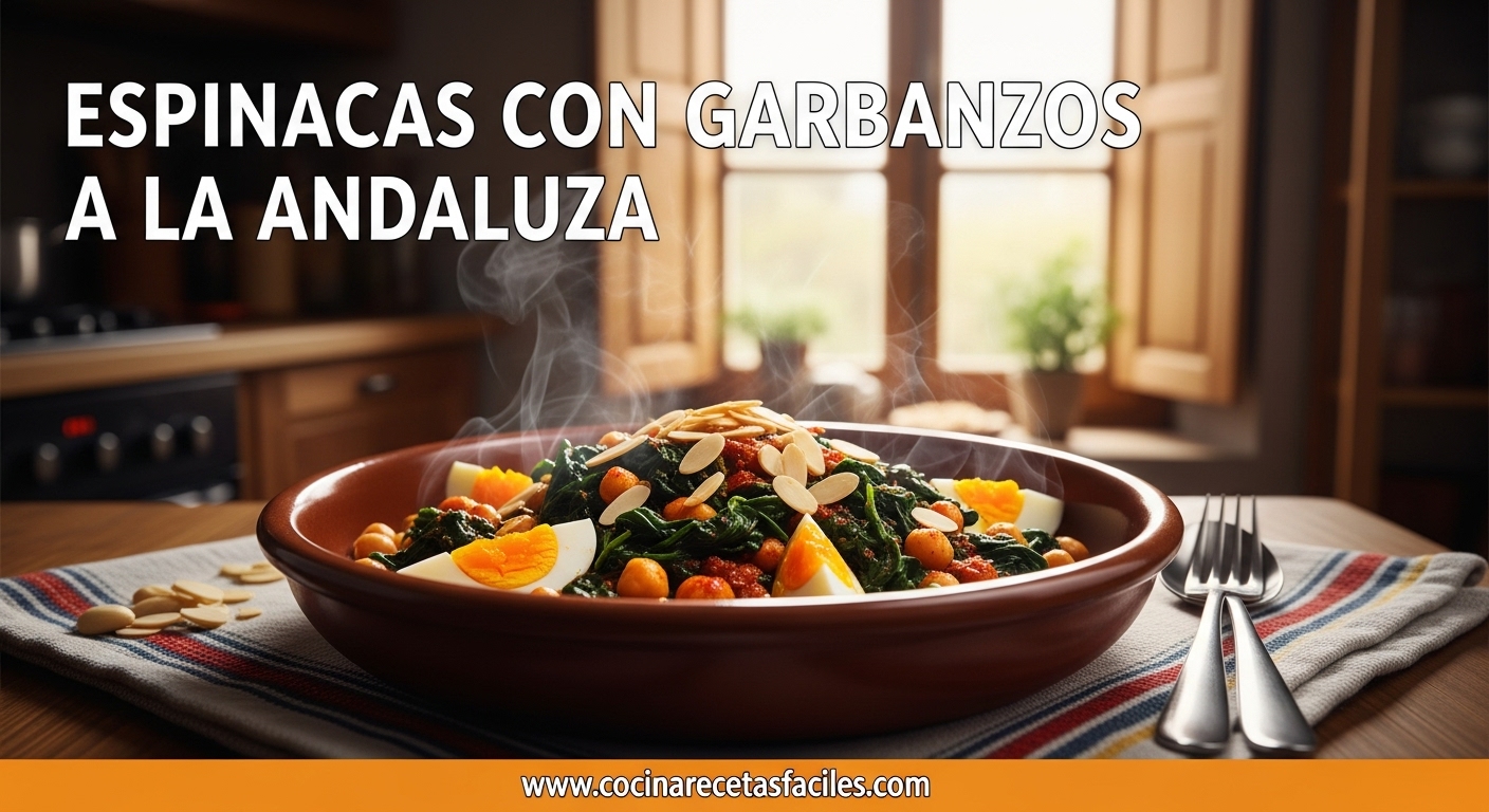 Plato andaluz de espinacas con garbanzos servido caliente con pimentón y ajo, acompañado de almendras y huevo duro