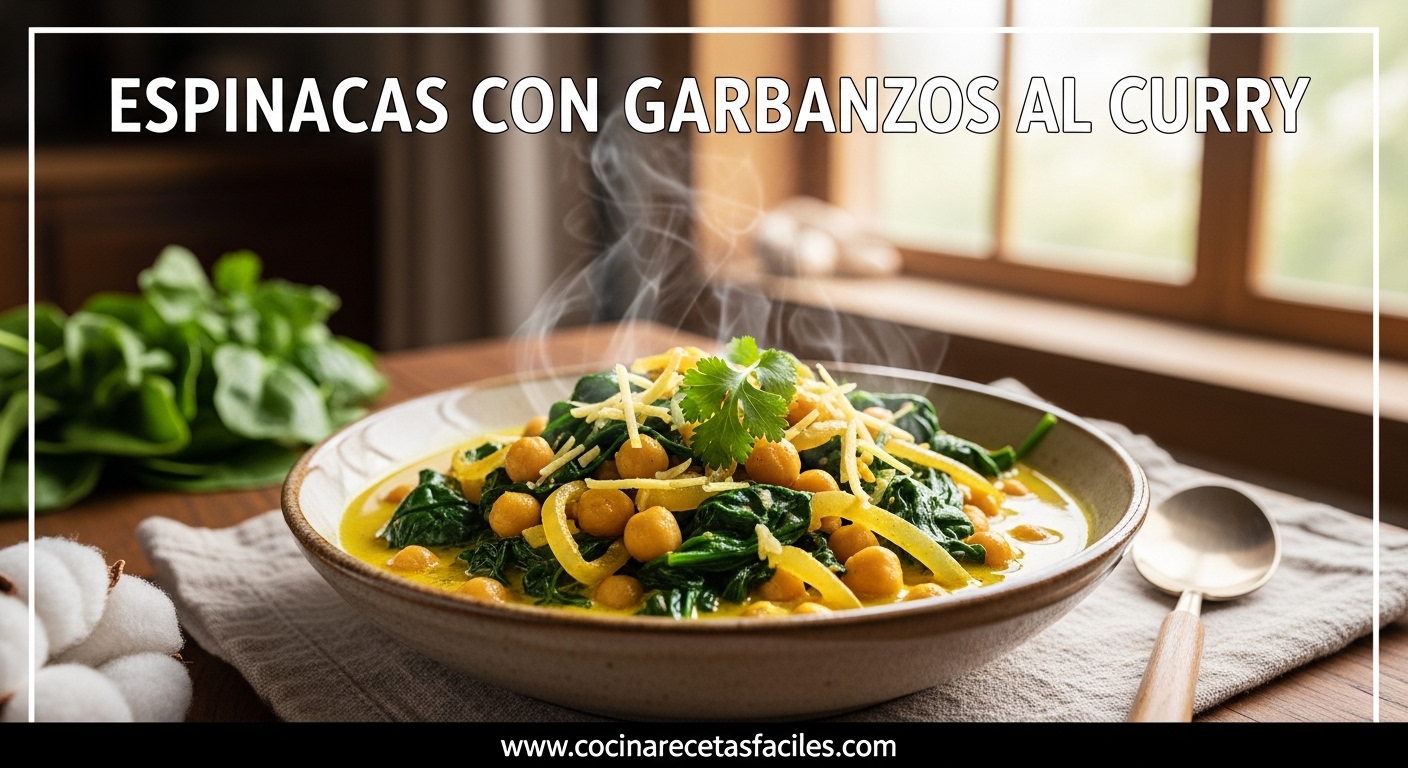 Plato humeante de espinacas con garbanzos al curry en leche de coco, sobre mesa rústica