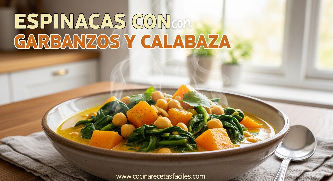 Estofado de espinacas con garbanzos y calabaza al curry sobre mesa rústica