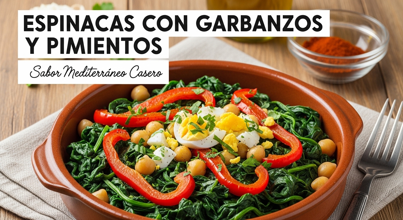 Plato mediterráneo de espinacas salteadas con garbanzos y pimientos rojos, servido caliente con aceite de oliva