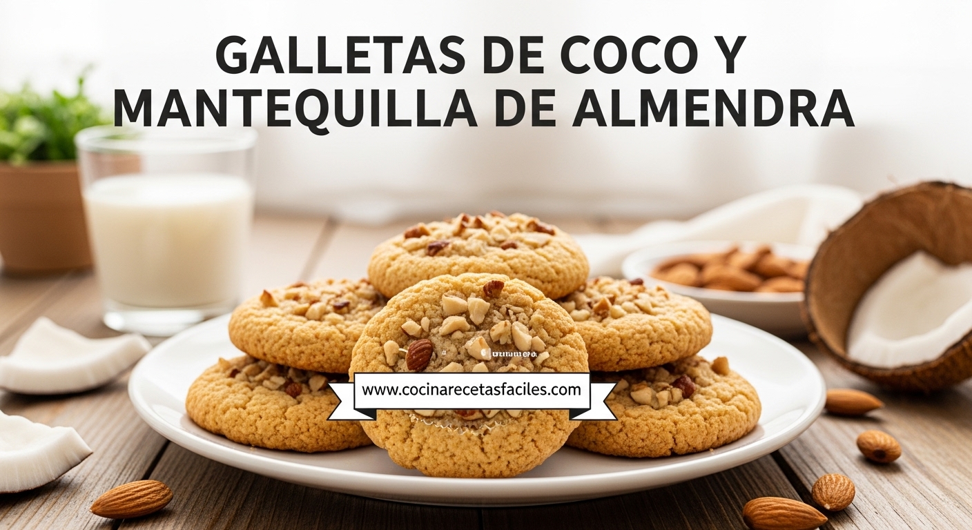 Galletas caseras de coco y mantequilla de almendra sin azúcar refinada, apiladas en plato blanco sobre mesa de madera rústica con luz natural, mostrando textura crujiente dorada y coco rallado visible