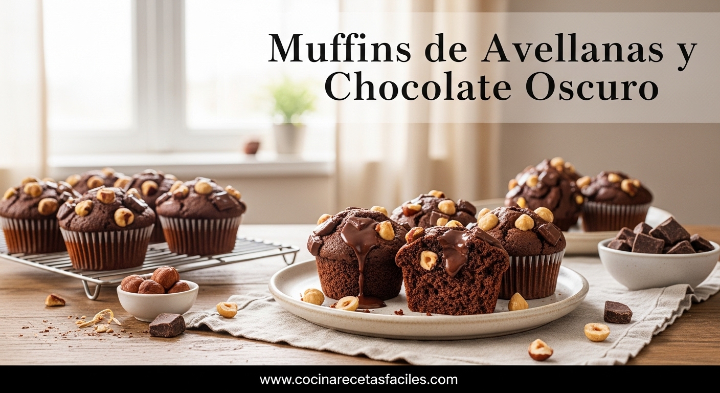 Muffins de avellanas y chocolate oscuro caseros sobre mesa de madera en cocina con ventana