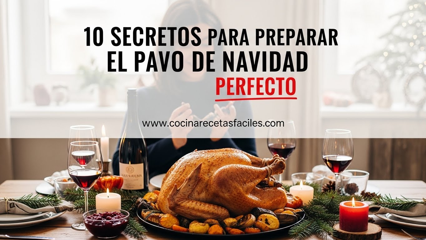 Pavo navideño dorado perfectamente cocinado sobre mesa festiva con verduras asadas, salsa de arándanos, copas de vino y velas en ambiente cálido de cena familiar navideña