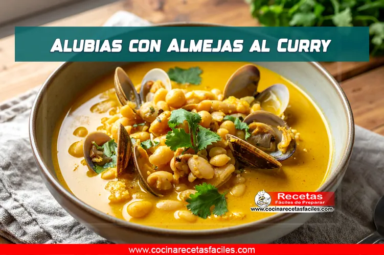 Guiso de alubias con almejas al curry servido en plato hondo, con salsa de coco y especias