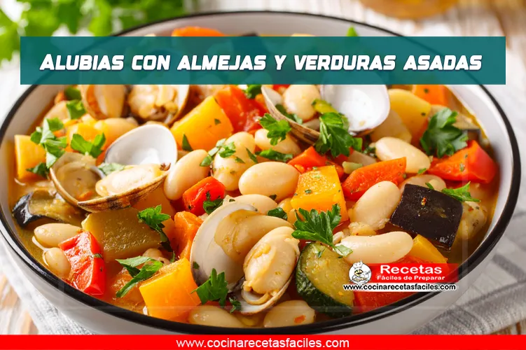 Guiso de alubias blancas con almejas y verduras asadas servido en plato hondo, decorado con perejil.