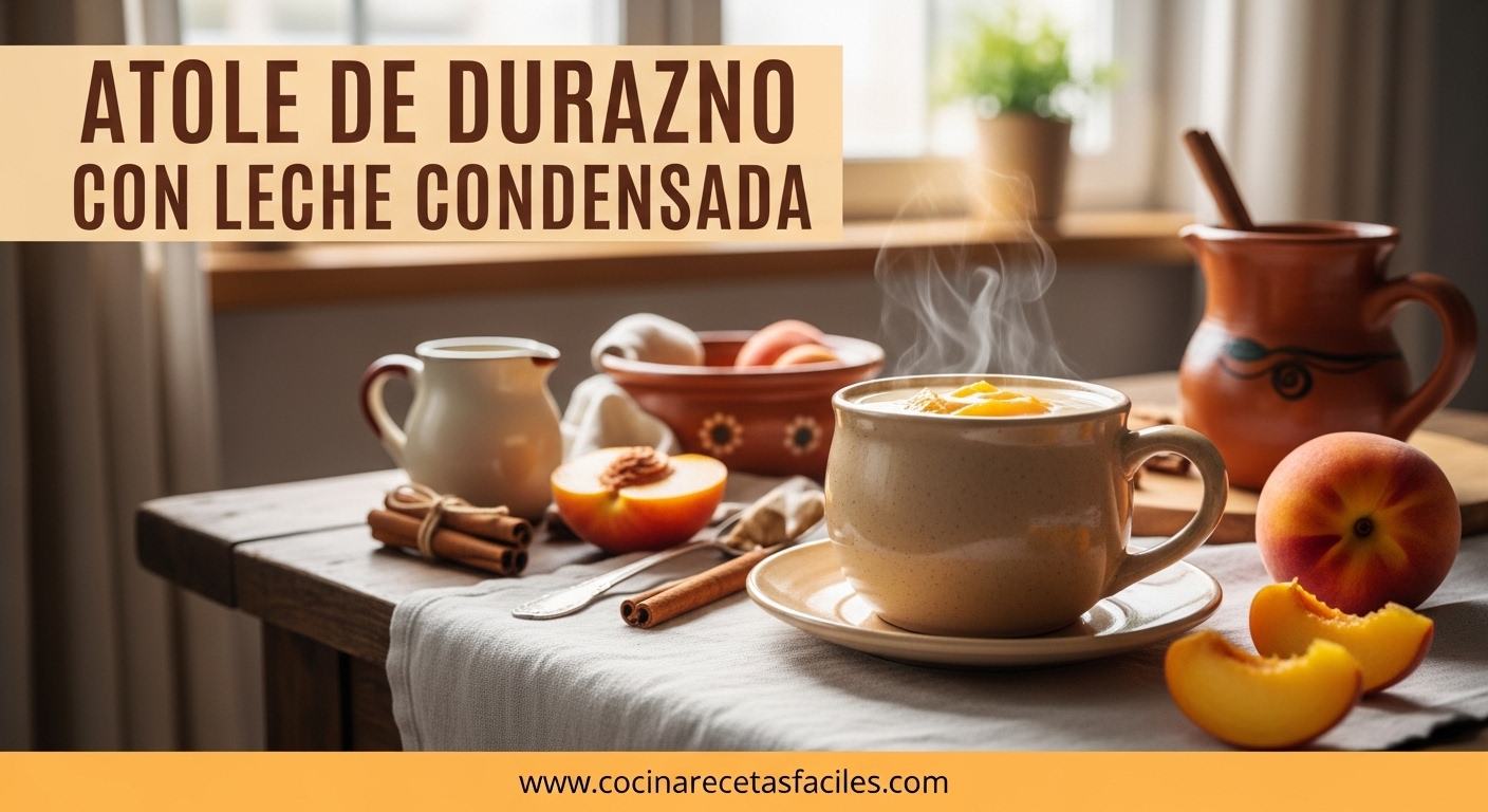 Atole de durazno cremoso servido en una taza sobre mesa de madera, con canela y duraznos alrededor, ideal para disfrutar caliente