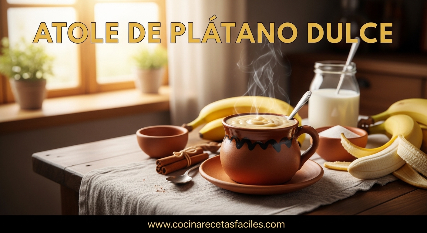 Atole de plátano servido caliente en taza de barro, con canela y plátanos frescos sobre mesa rústica en cocina acogedora