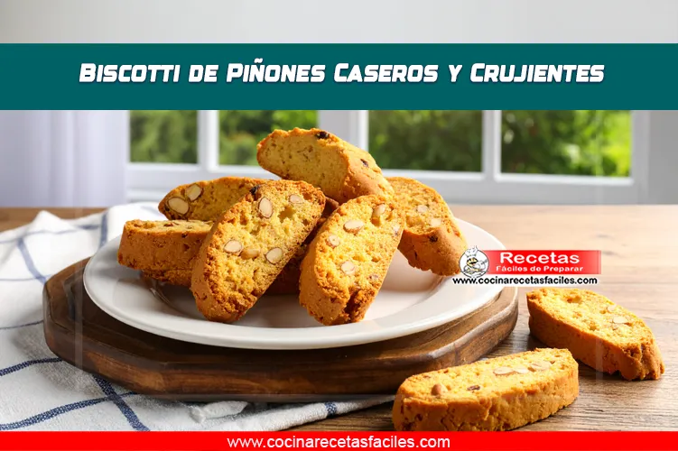 Biscotti caseros con piñones, dorados y crujientes, servidos en un plato sobre una mesa rústica.