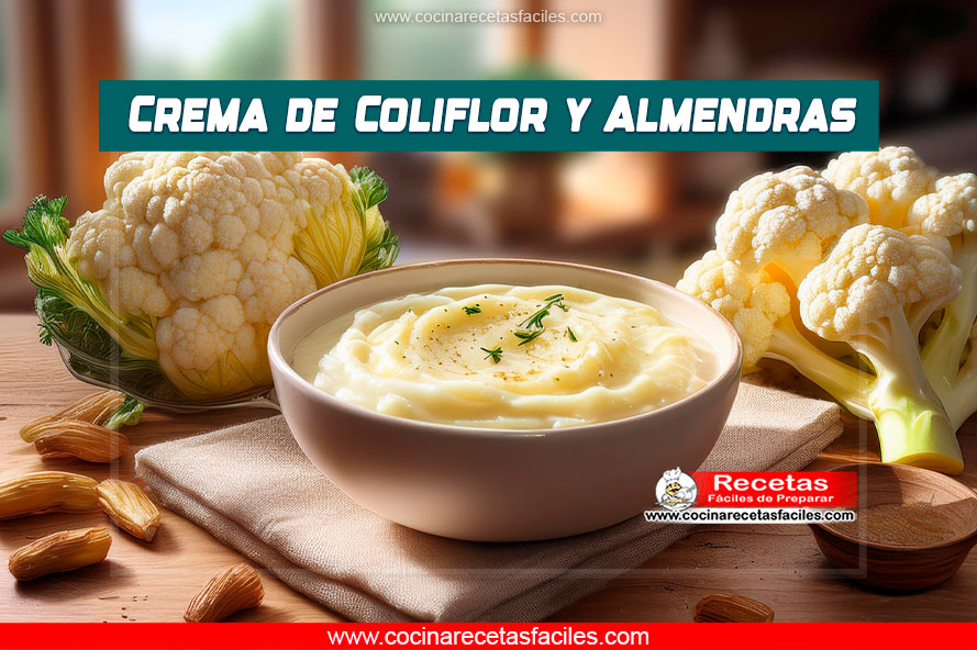 "Tazón de crema de coliflor y almendras, decorado con aceite de oliva y almendras, en una mesa de madera."