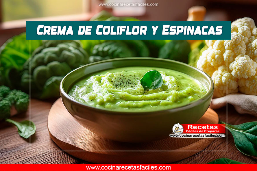 "Tazón de crema de coliflor y espinacas, decorado con aceite de oliva y espinacas frescas, en una mesa de madera."