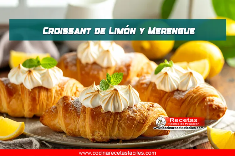 Croissants rellenos de crema de limón y cubiertos con merengue dorado, espolvoreados con azúcar glas.