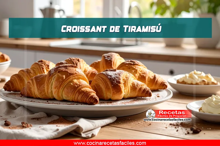 Croissants de tiramisú dorados y crujientes, rellenos de crema de mascarpone y espolvoreados con cacao en polvo.