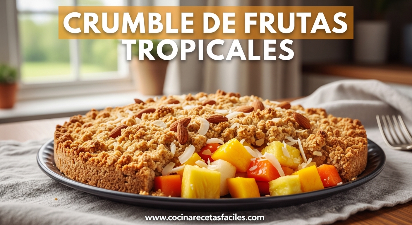 Crumble de Frutas Tropicales servido en una cocina acogedora, con cobertura dorada y frutas tropicales visibles.