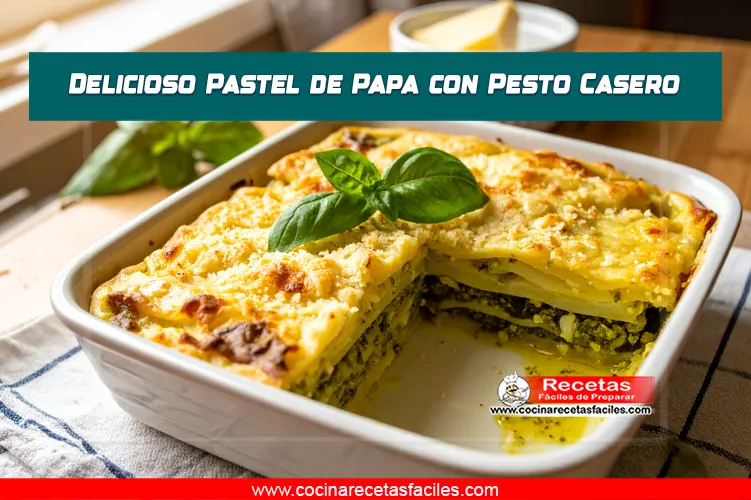 Pastel de papa con pesto, queso gratinado y hojas de albahaca