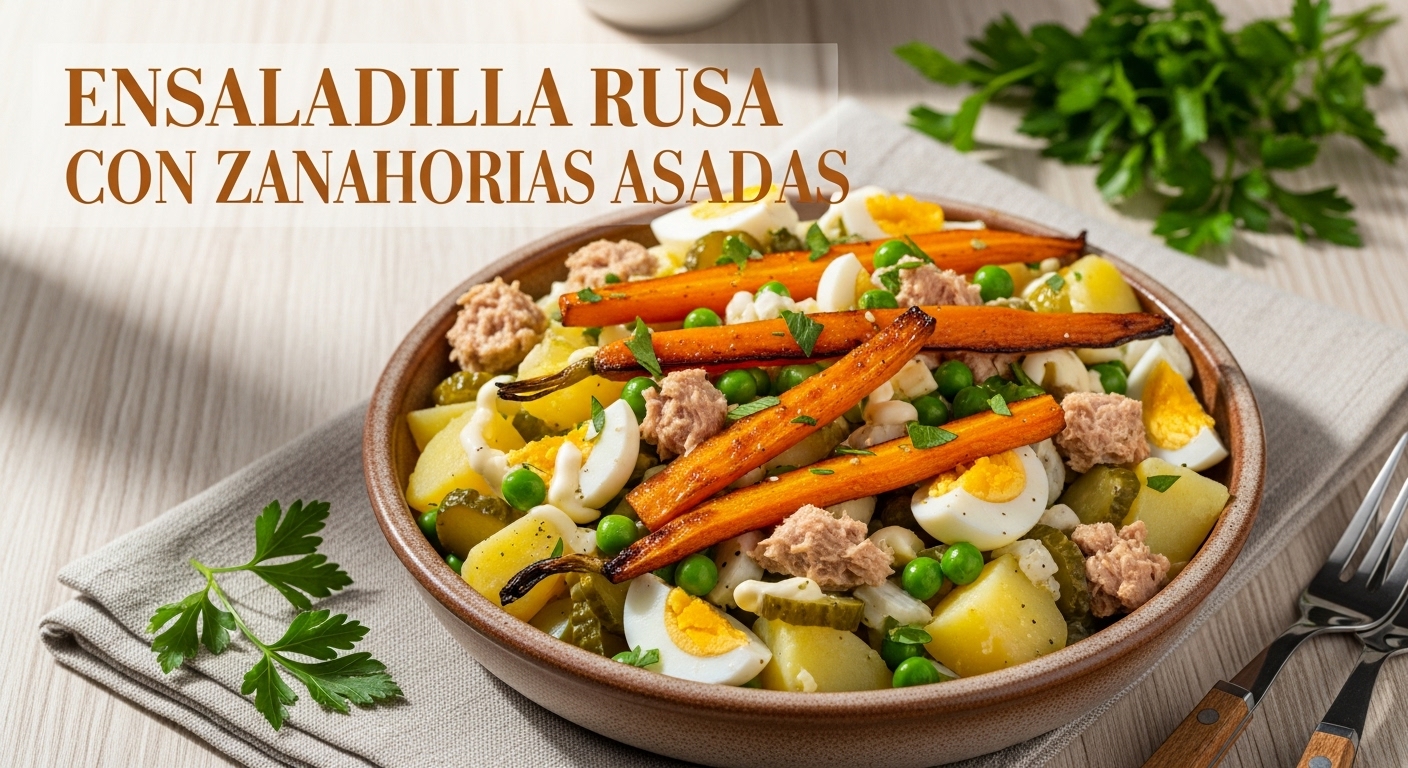 Ensaladilla rusa con zanahorias asadas, papas, guisantes, huevo y atún con mayonesa