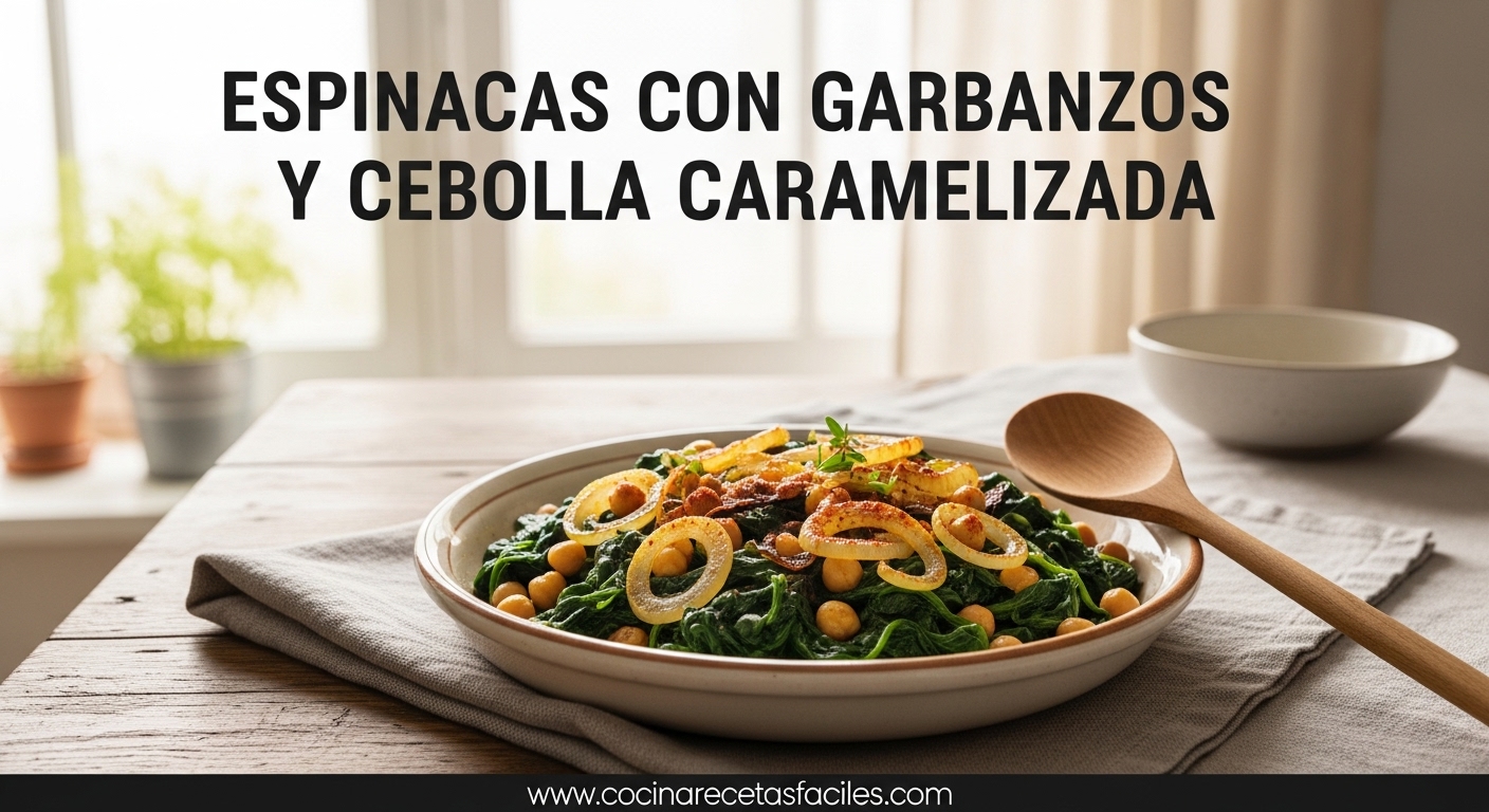 Plato casero de espinacas con garbanzos y cebolla caramelizada sobre mesa rústica con luz natural en cocina acogedora.