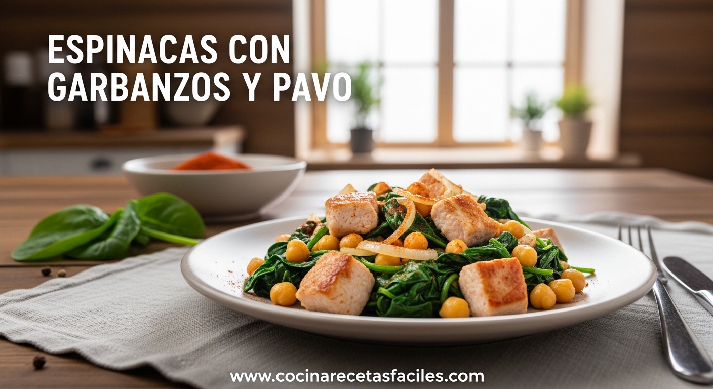Plato casero de espinacas salteadas con garbanzos y pavo servido en mesa rústica de madera iluminada por luz natural.