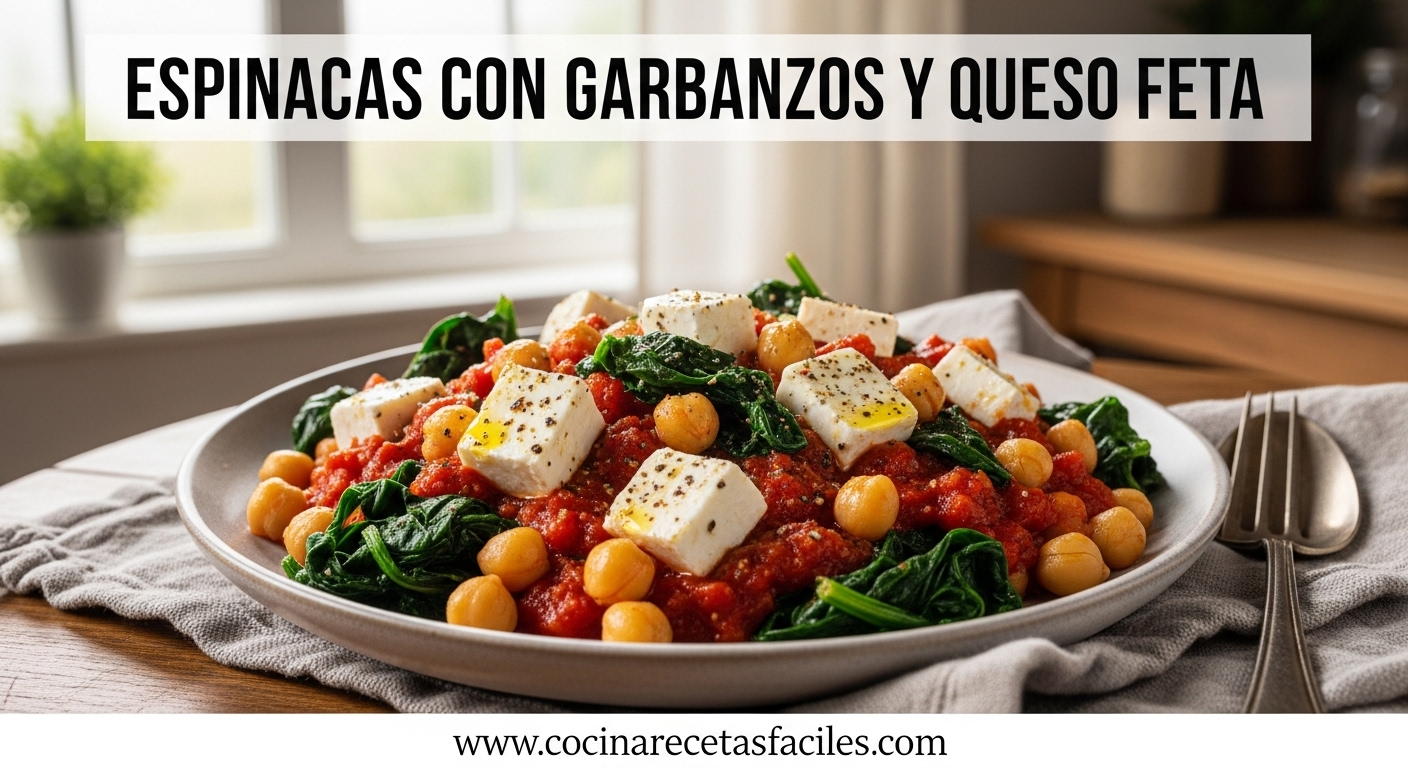 Plato de espinacas salteadas con garbanzos y queso feta sobre mesa rústica con luz natural, ideal para una comida saludable y deliciosa