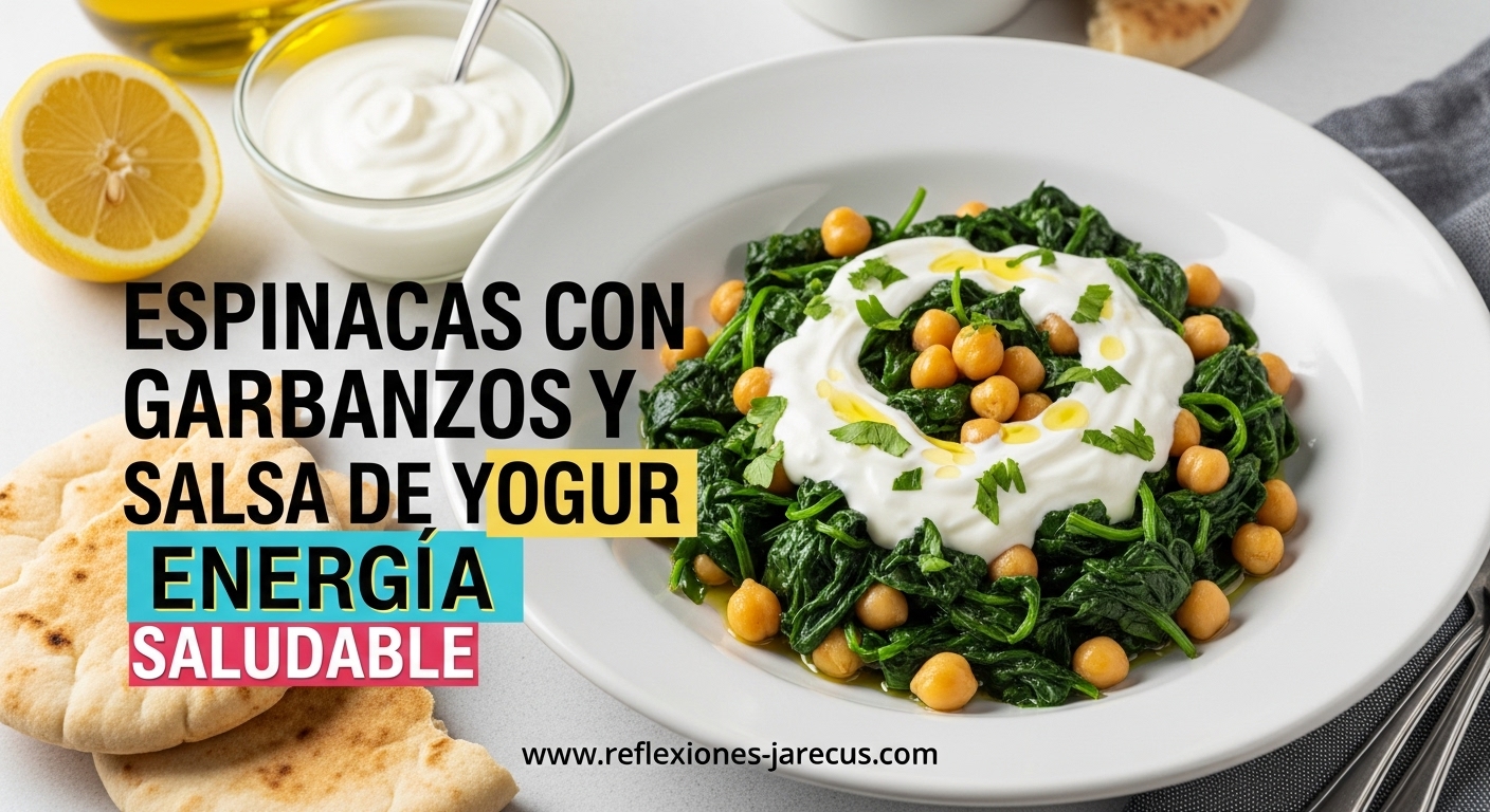Plato saludable de espinacas salteadas con garbanzos y salsa cremosa de yogur servido en un tazón blanco, decorado con perejil fresco.