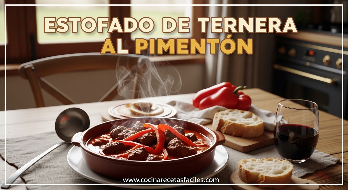Estofado de ternera servido caliente en cazuela rústica, sobre mesa de madera en cocina iluminada con ventana.