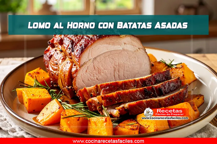 Lomo de cerdo al horno en rodajas con batatas asadas, servido en plato rústico.