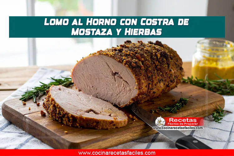 Lomo de cerdo al horno con costra dorada de mostaza, cortado en rodajas y servido en una cocina con ventana grande.