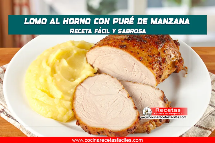 Lomo al horno cortado en rodajas con puré de manzana en un plato de cocina casera