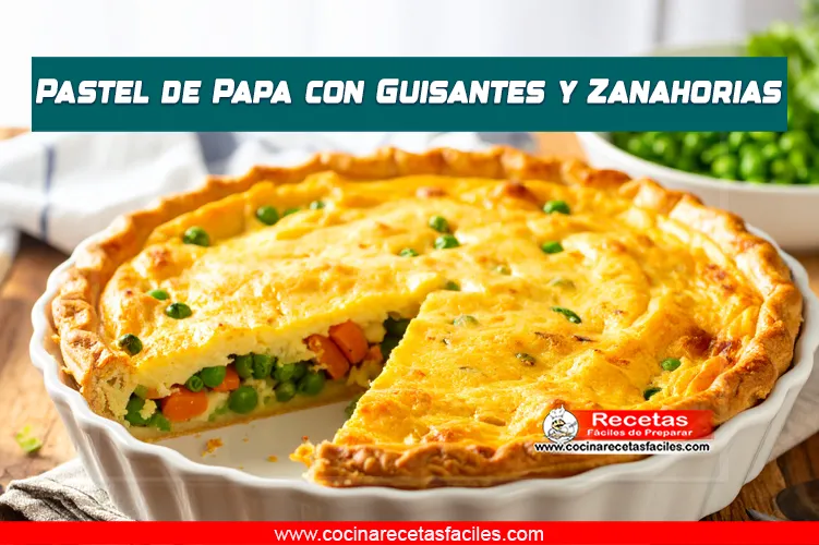 Pastel de papa con guisantes y zanahorias recién horneado, con capa dorada de puré y relleno visible de verduras.