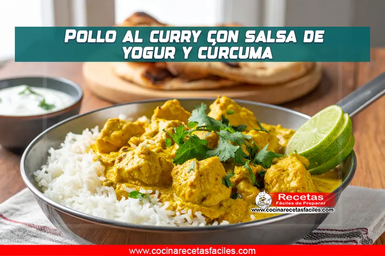 Pollo al curry con salsa de yogur y cúrcuma, servido con arroz, cilantro y rodajas de limón.