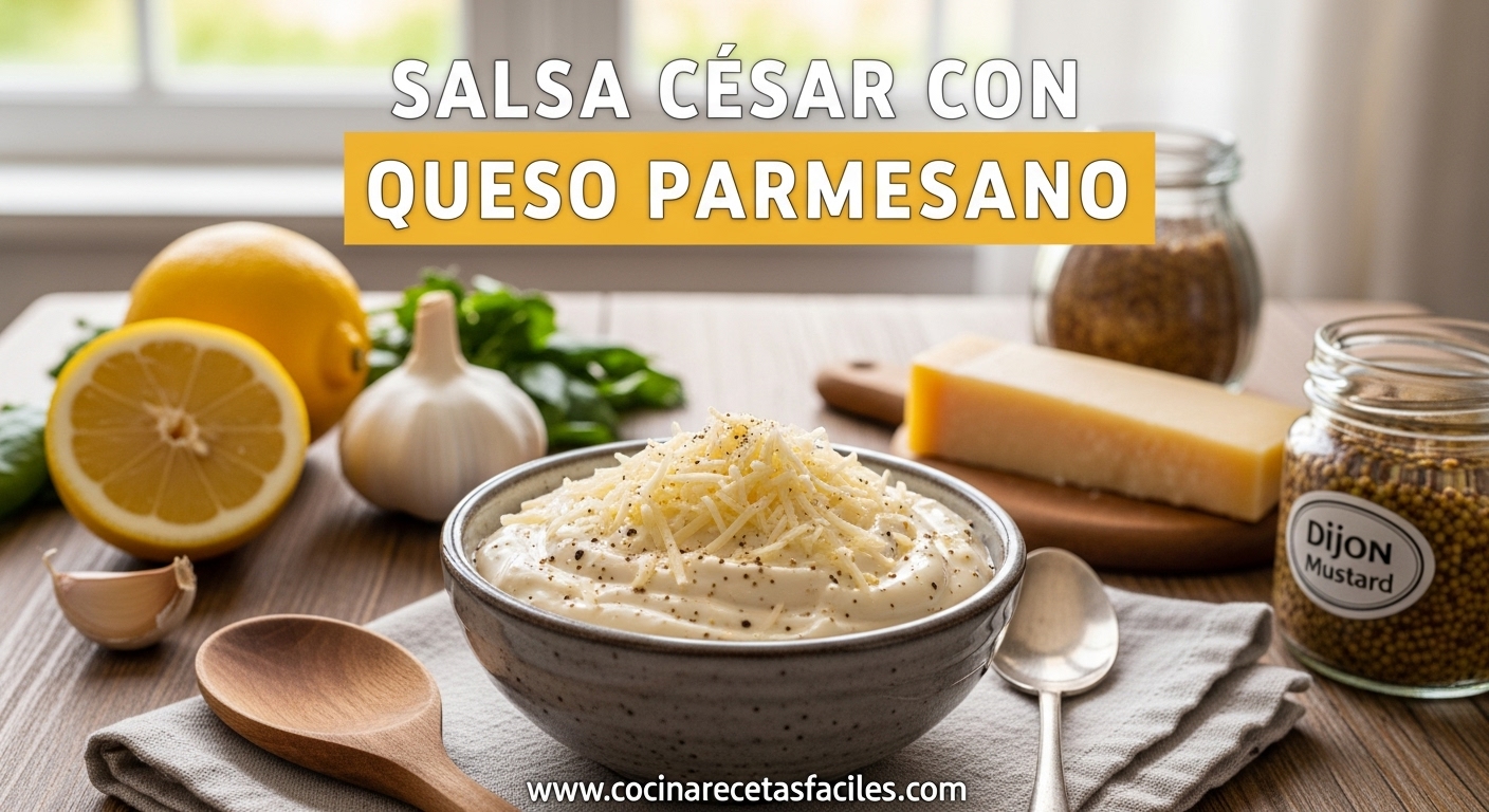 Salsa César cremosa con queso parmesano servida en un bol rústico sobre una mesa de madera, lista para ensaladas frescas.