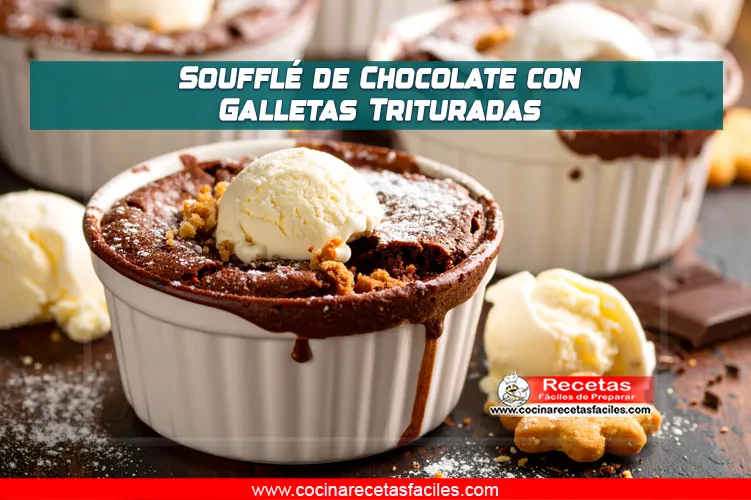 Soufflés de chocolate esponjosos con galletas trituradas, servidos en ramequines individuales y decorados con azúcar glas.