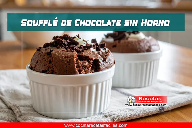 Soufflé de chocolate sin horno servido frío en ramequines, decorado con virutas de chocolate y crema batida.