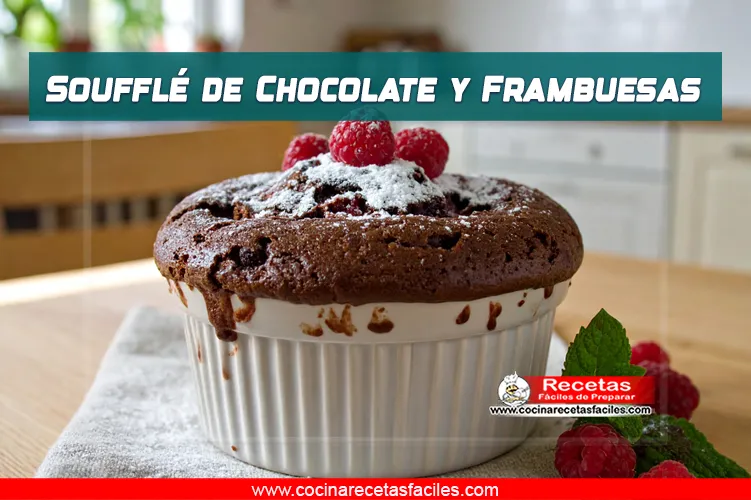Soufflé de chocolate esponjoso servido con frambuesas frescas y azúcar glas sobre un ramequín.