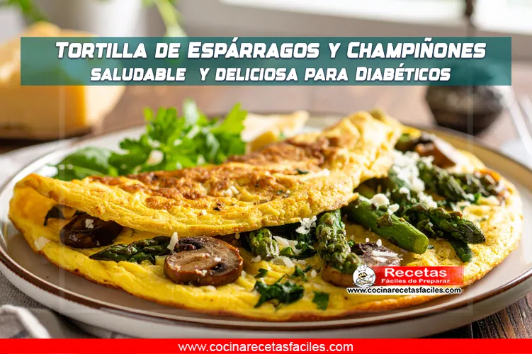 Tortilla saludable de espárragos y champiñones, perfecta para diabéticos, servida con perejil fresco
