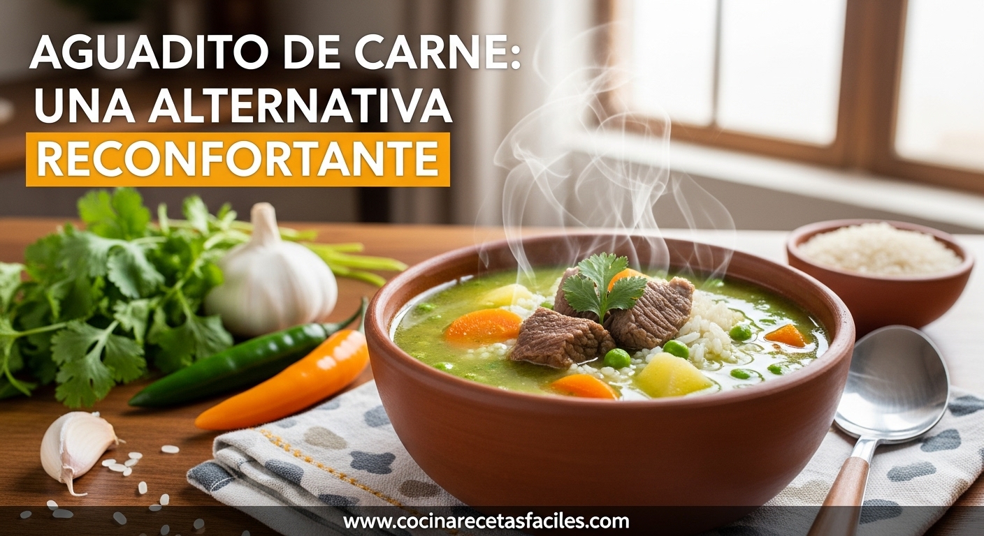 Aguadito de carne con arroz, papas y culantro servido en un tazón rústico