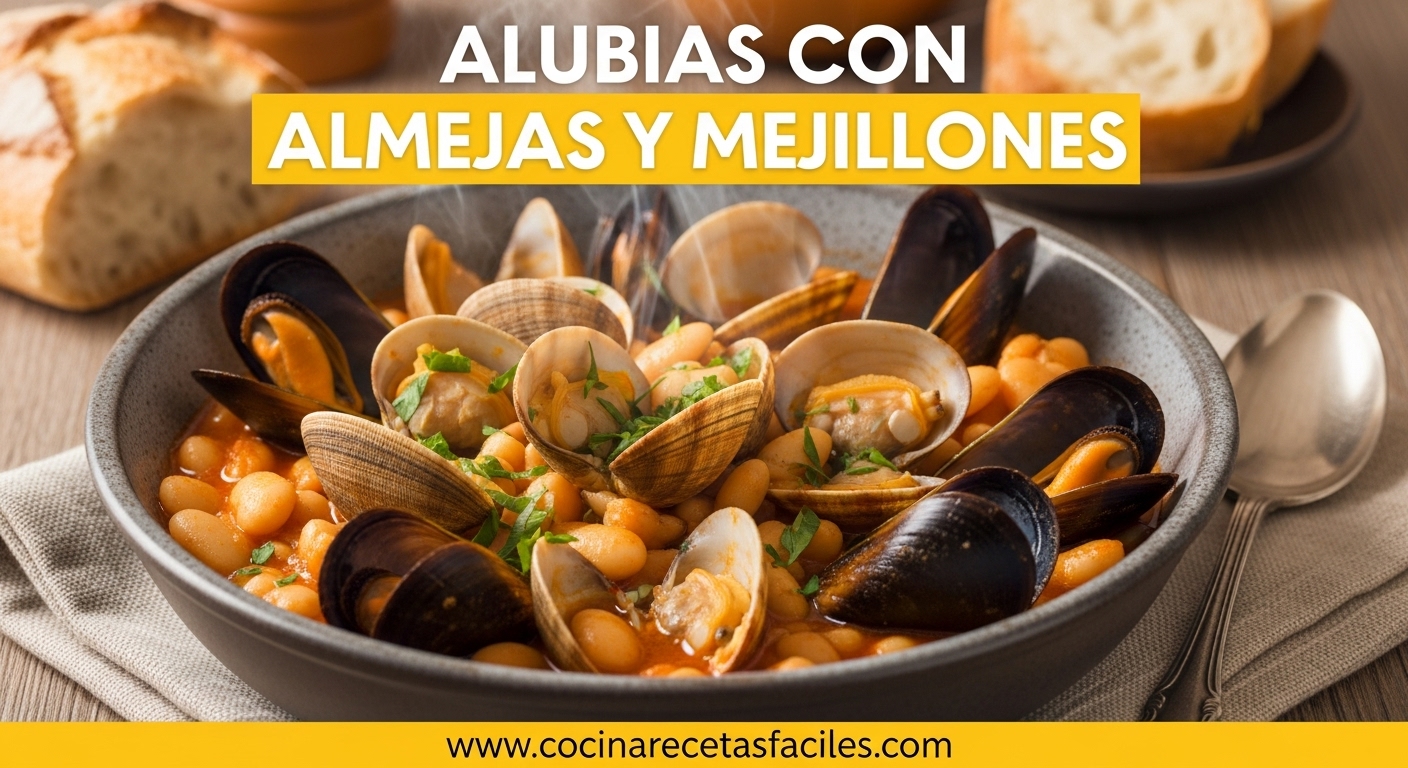Alubias blancas con almejas y mejillones en salsa marinera, servidas en un plato rústico con perejil fresco