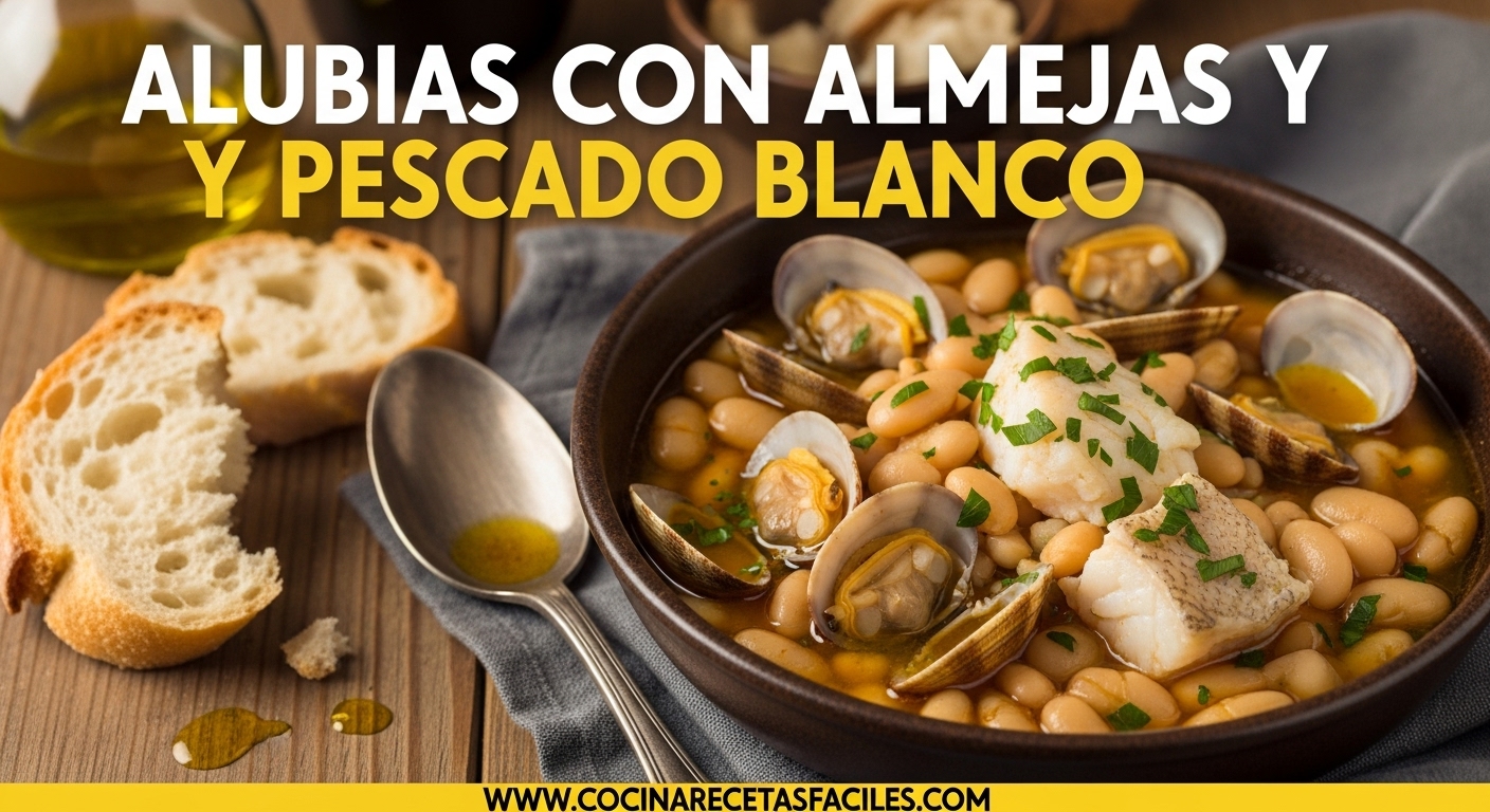 Plato hondo con alubias blancas, almejas abiertas y trozos de pescado blanco en caldo dorado, decorado con perejil fresco.