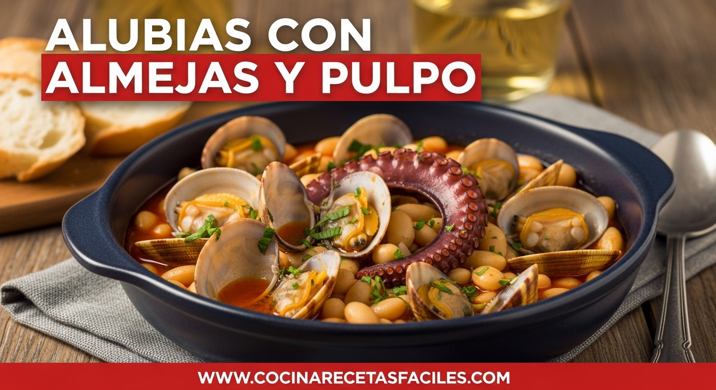 Plato hondo de alubias con almejas y pulpo servido sobre mesa rústica, decorado con perejil fresco.