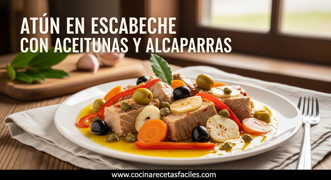 Plato de atún en escabeche con aceitunas y alcaparras servido en mesa rústica