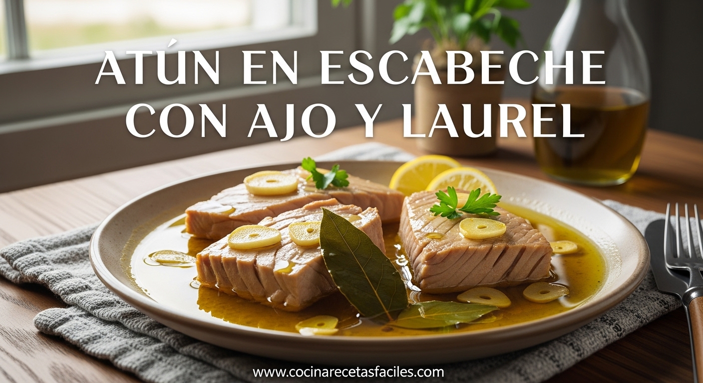 Atún en escabeche con ajo y laurel servido en plato rústico con salsa dorada