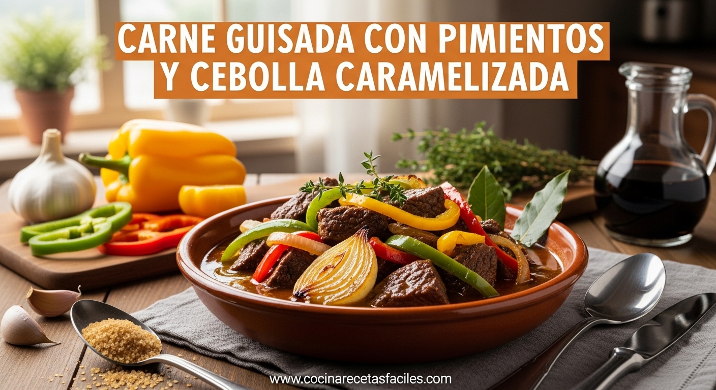 Carne guisada con pimientos tricolor y cebolla caramelizada servida en un bol rústico con fondo de cocina cálida