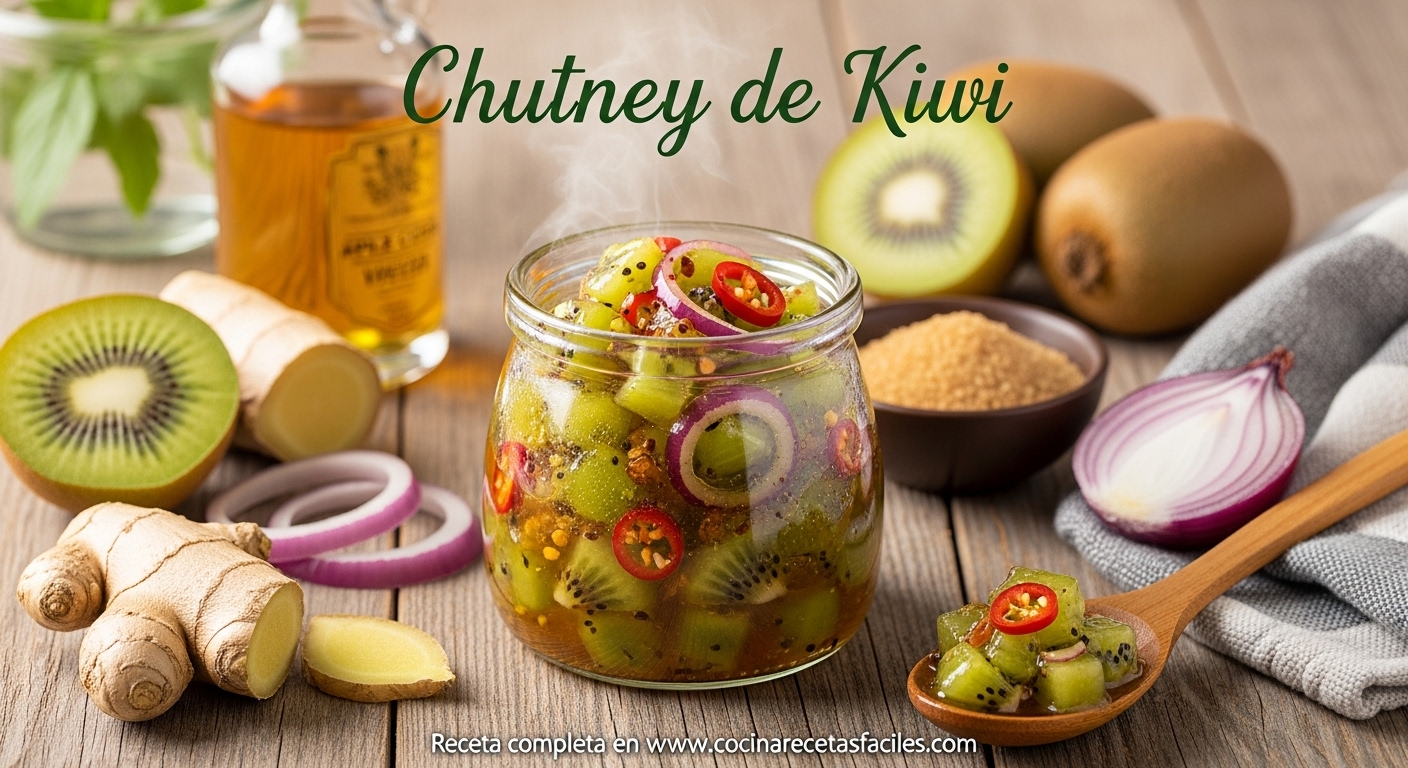 Chutney de kiwi con cebolla morada y especias, servido en frasco sobre fondo rústico.