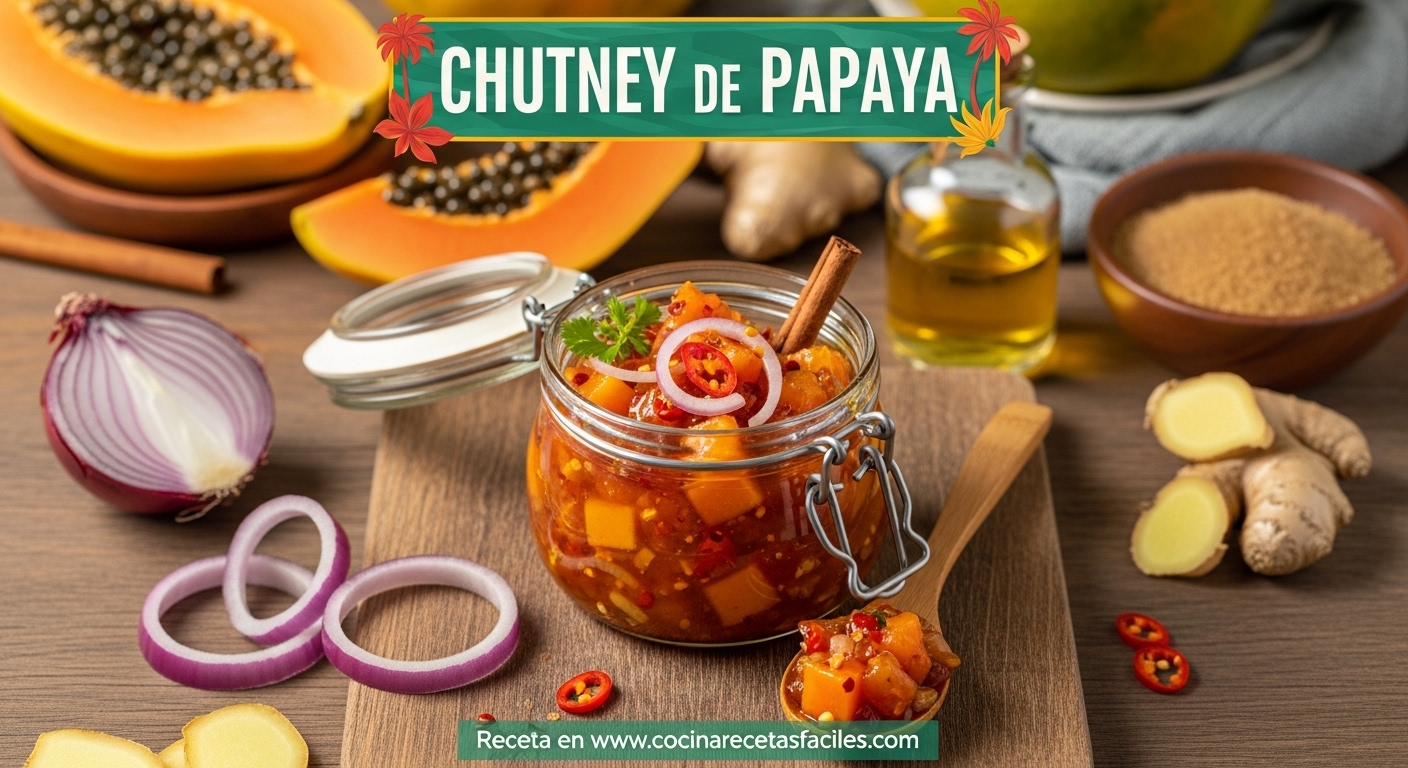 Chutney de papaya casero con cebolla morada y especias en frasco sobre mesa rústica
