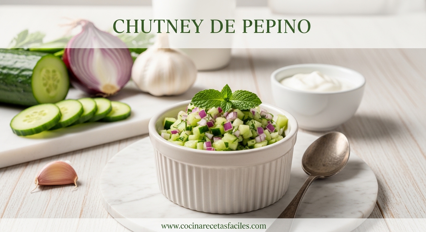 Chutney de pepino con cebolla morada y menta servido en un cuenco sobre una mesa clara.