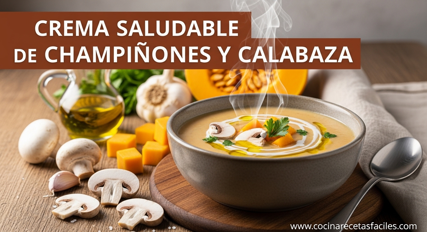 Crema saludable de champiñones y calabaza servida con perejil fresco