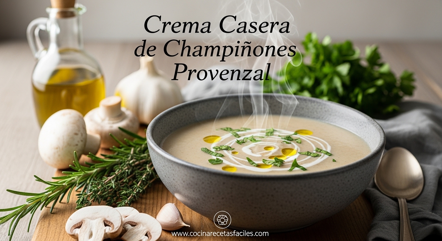 Crema provenzal casera de champiñones decorada con hierbas frescas