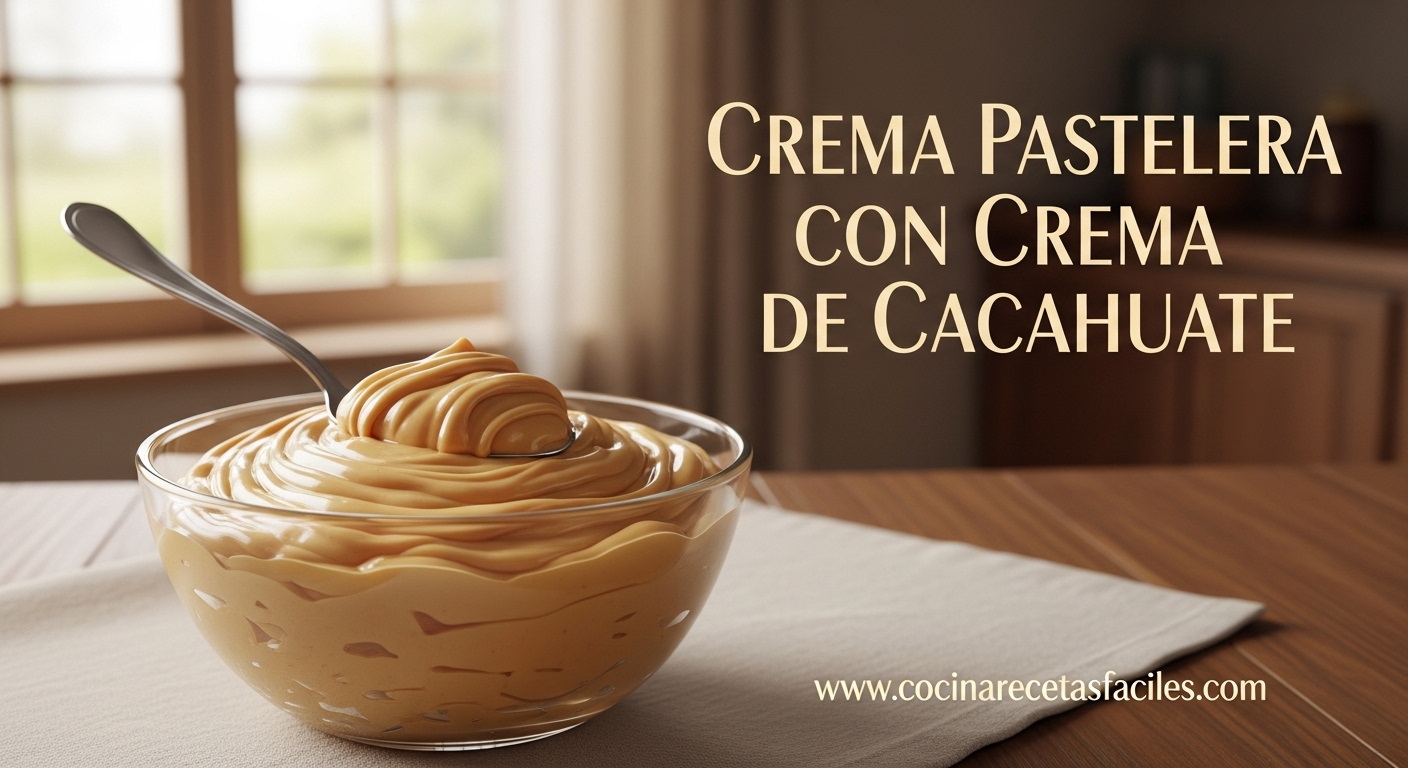 Crema pastelera con crema de cacahuate servida en un bol de vidrio sobre una mesa de madera, iluminada por luz natural