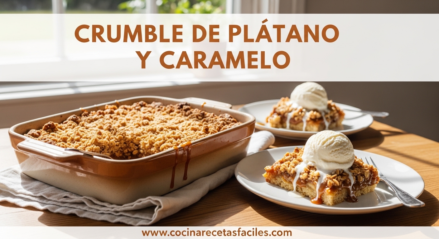 Crumble de plátano con caramelo y cobertura dorada de avena, servido con helado.