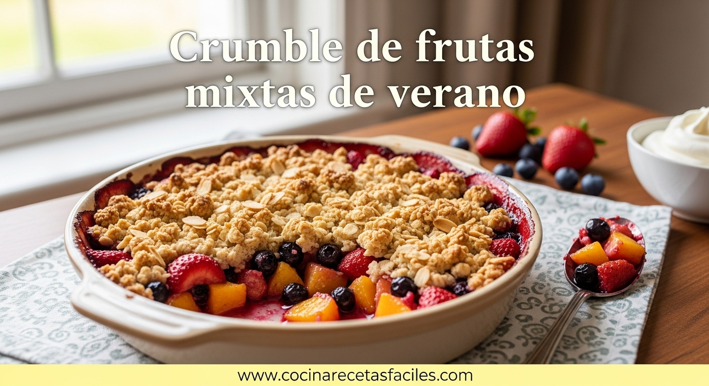 Crumble de frutas mixtas de verano recién horneado sobre mesa de madera